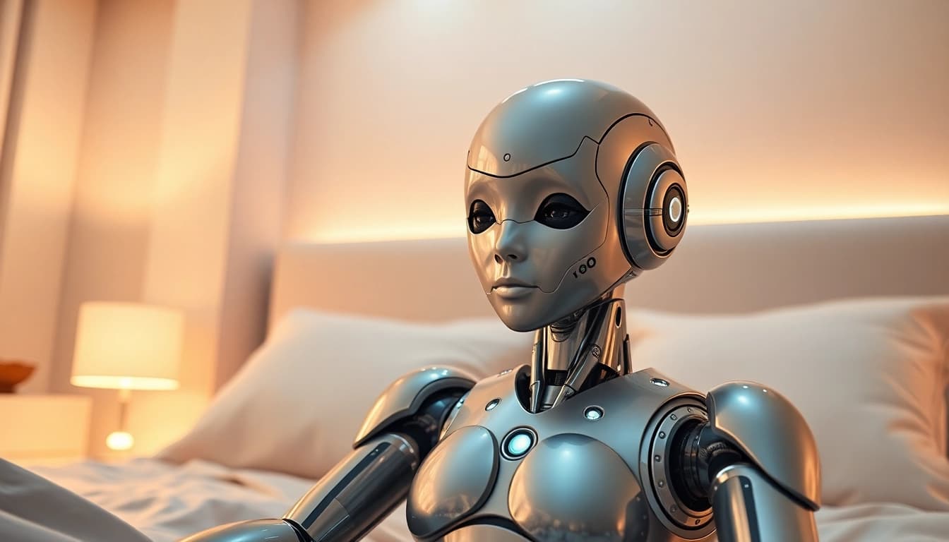 Captivating humanoid sex bot in a modern bedroom, showcasing advanced AI features.