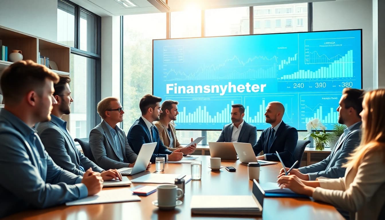 Engaging financial analysts collaborating on Finansnyheter in a modern office setting.