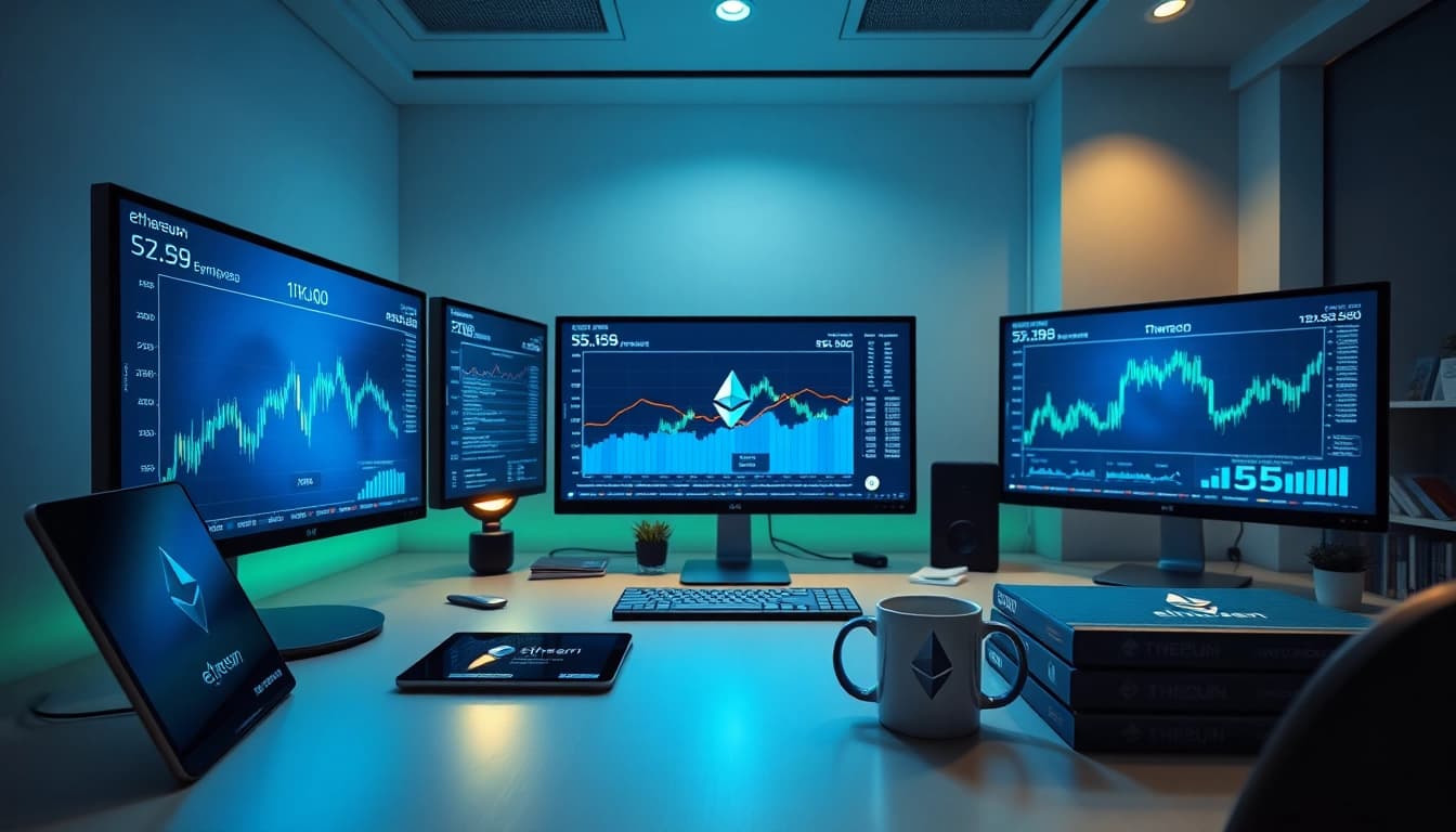 Ethereum kurs displayed on multiple screens in a modern financial workspace.