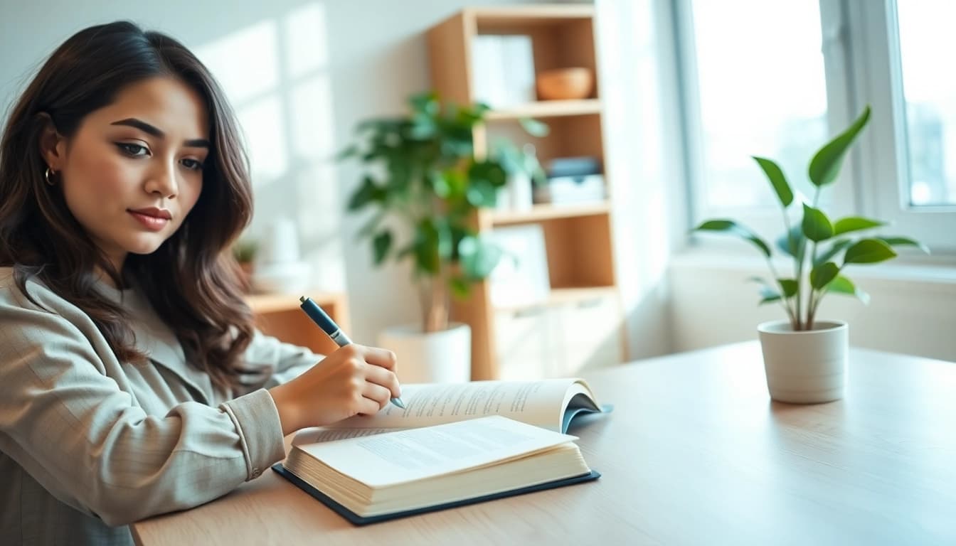 Discover practical mental health tips in a serene workspace scene featuring a woman journaling.