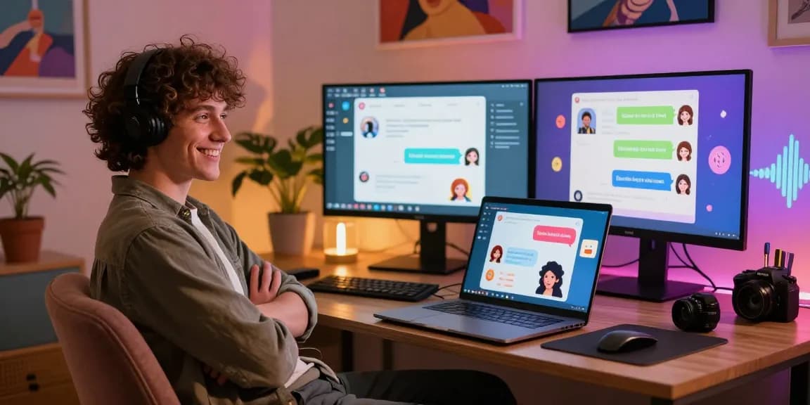 A user enjoying an interactive NSFW chat bot experience on a laptop in a cozy room.