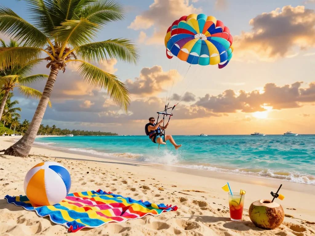 Fly88 traveler parasailing above vibrant beach with sunset and palm trees.