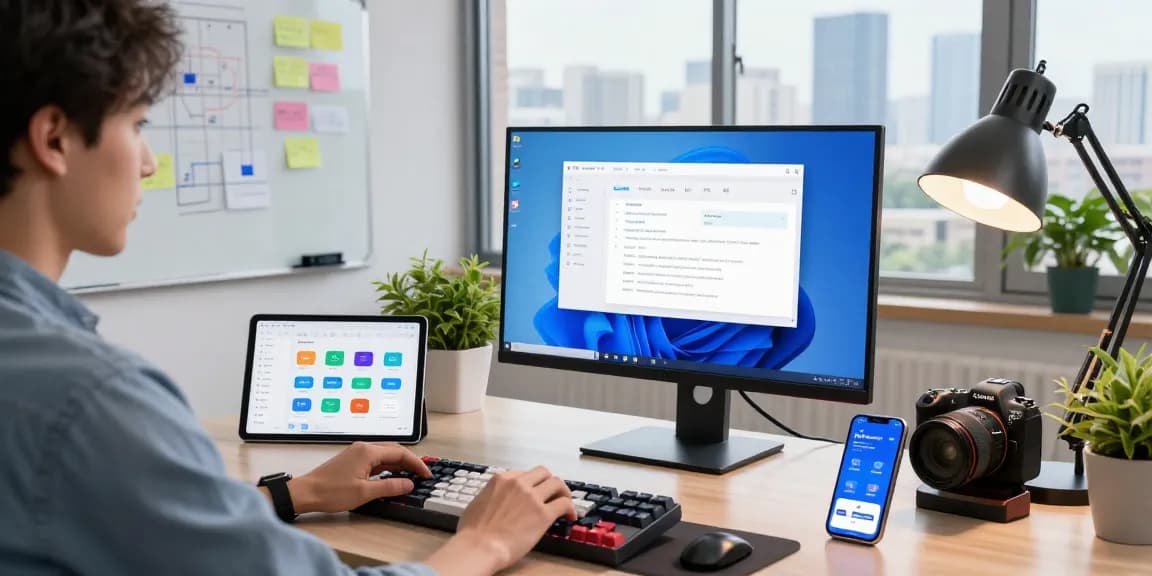 User actively using WPS Download in a modern office workspace, showcasing productivity tools and tech elements.