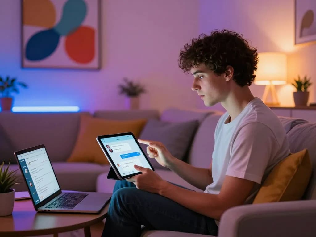 Engaged user chatting with an AI chatbot in a cozy living room, illustrating porn chat ai interactions.