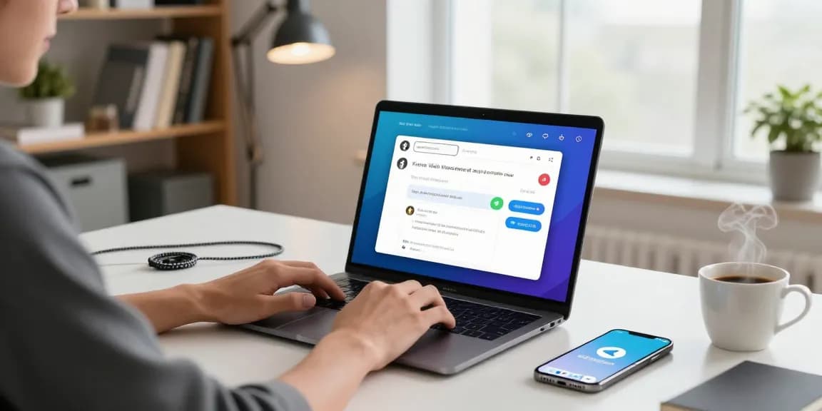 Engaging with Telegram Web Version using laptop in modern home office setting