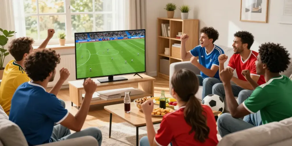 Excited fans watching cà khại tv live stream football match in a cozy room.