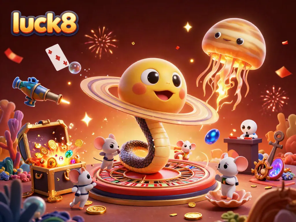 Experience the excitement of luck8 as astronaut mice bet on a cosmic roulette wheel in a vibrant 3D casino scene.