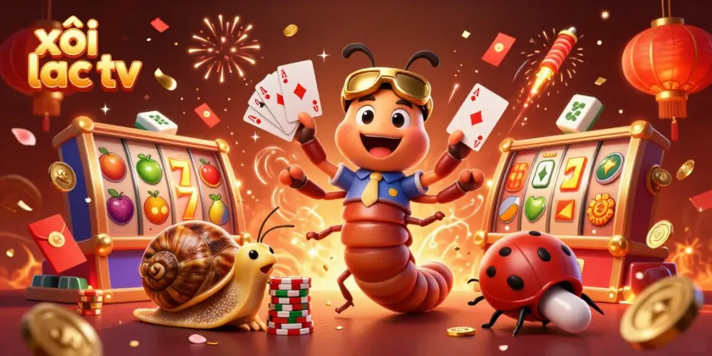 Join the fun with xôi lạc tv featuring a colorful casino scene with 3D characters and slot reels.