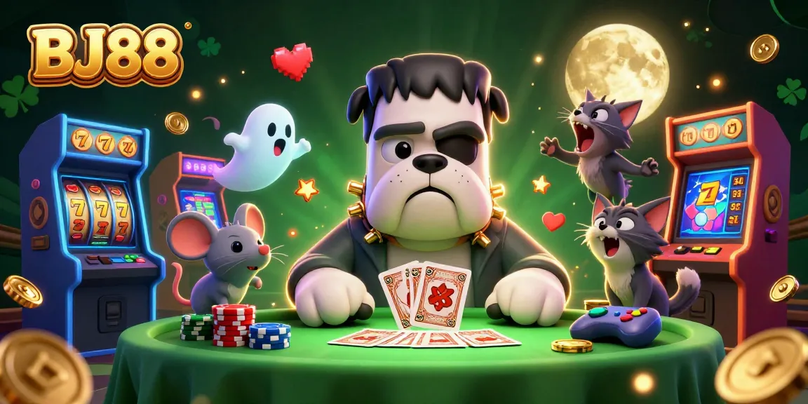 BJ88 showcases an engaging 3D casino scene with Frankenstein bulldog dealing cards amidst lively game elements.
