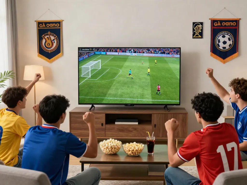 Excited fans celebrating a goal while watching gà vàng tv live.