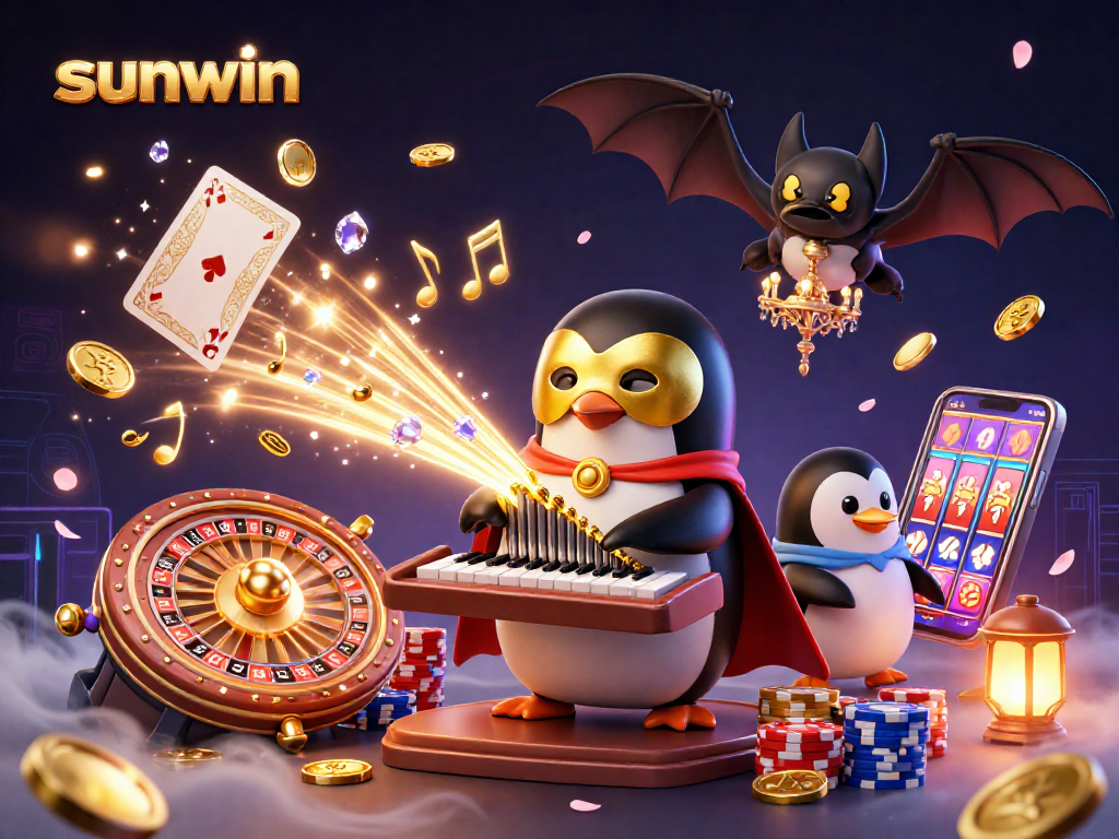 Play with excitement at sunwin, where golden coins shower from a pipe organ in a vibrant casino scene.