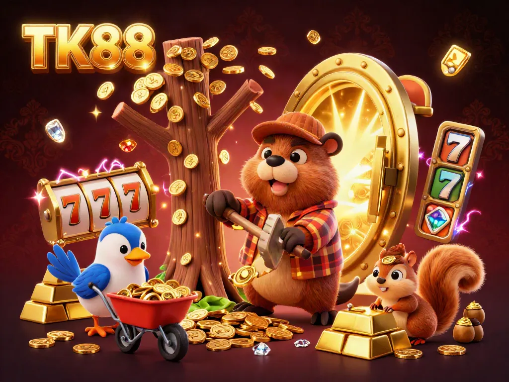Engage with TK88's vibrant casino atmosphere as a cartoon beaver celebrates a jackpot of golden coins.