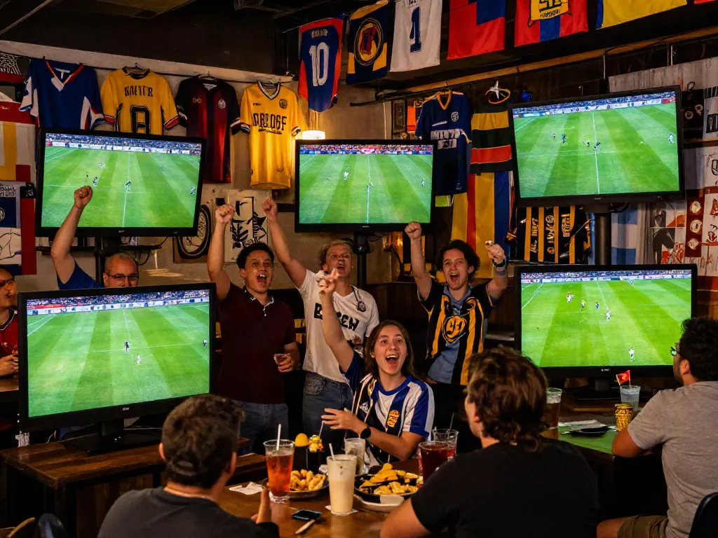 Cà khịa tv fans enjoying a live football match in a vibrant sports bar.