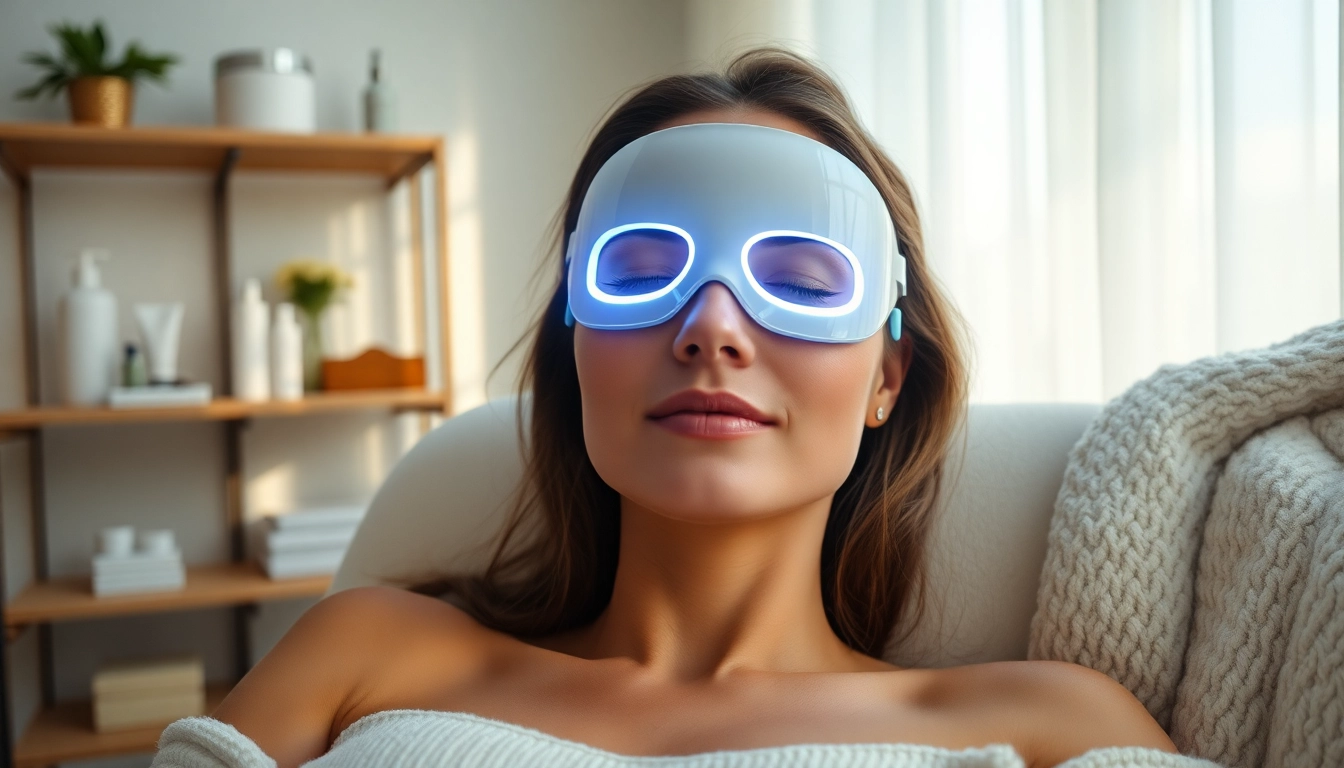 Woman using a LED Mask for skincare rejuvenation in a serene home setting.
