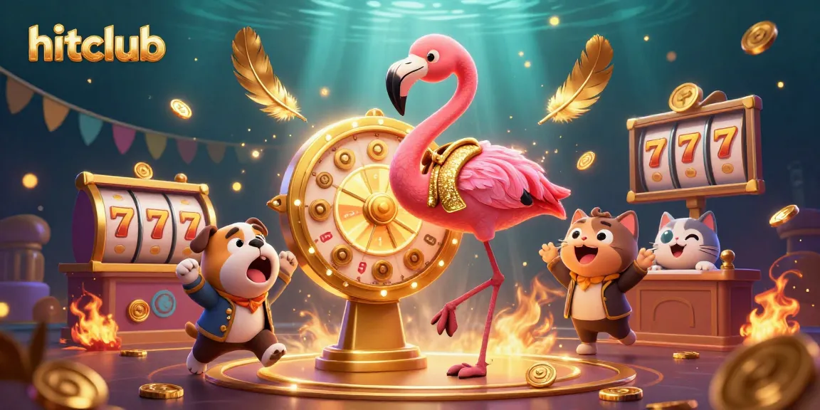 Experience hitclub's vibrant casino gaming with a flamingo host and bulldog contestant spinning a prize wheel.