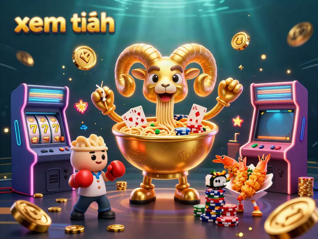 Engage with xem thêm in a vibrant illustration of a playful golden ramen bowl character dealing cards in a bustling casino.