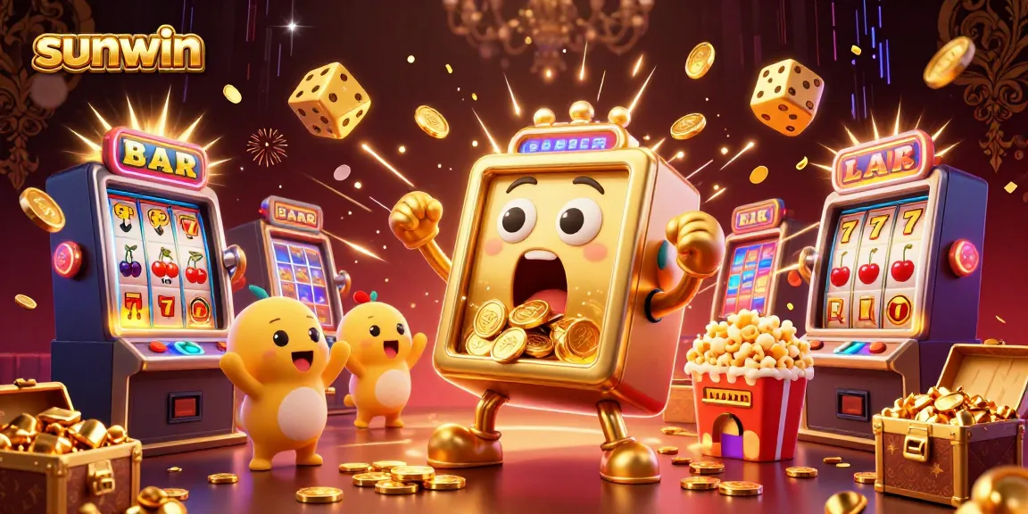 Experience thrilling gameplay at sunwin with a lively 3D slot machine hitting a jackpot amidst colorful casino elements.