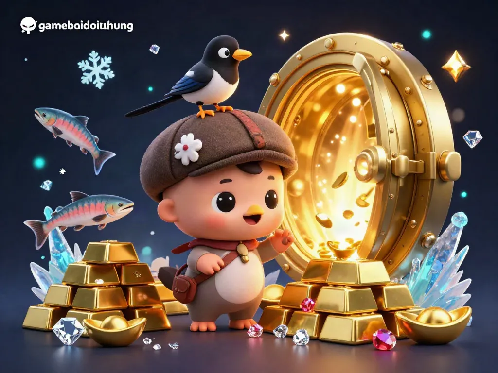 Engaging scene showcasing gamebaidoithuong with baby Nessie, a gold-obsessed magpie, and treasures of coins and gems.