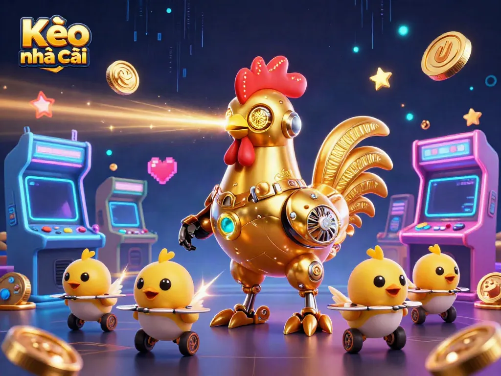 Engage in sports betting with Kèo nhà cái featuring a vibrant 3D golden rooster robot and baby chick drones.