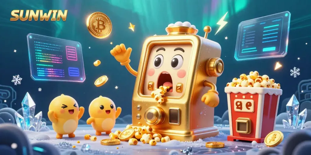 SUNWIN slot machine hits jackpot, surrounded by cheering baby slots and floating cryptocurrencies.