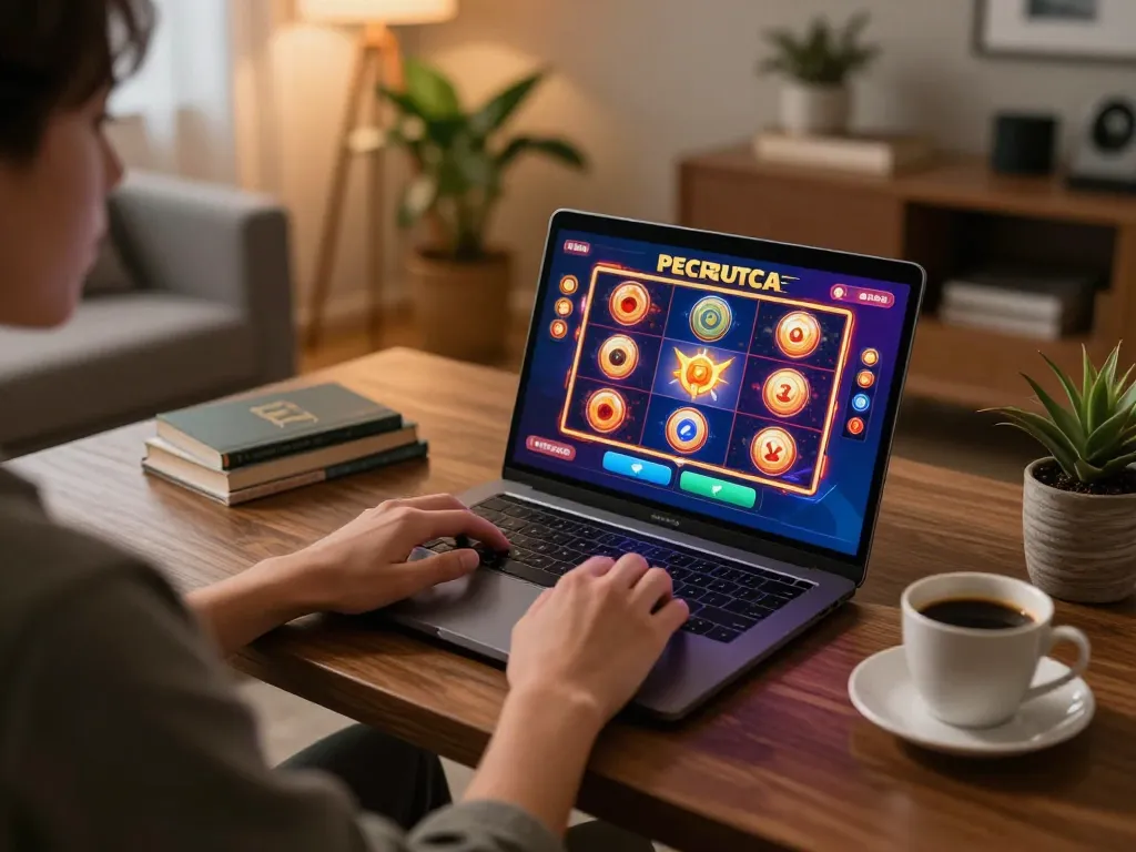 An engaging home gaming setup featuring https://fun79.today/ on a laptop with vibrant slot graphics, showcasing a cozy atmosphere.
