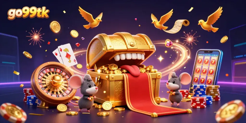 Experience excitement with go99tk's vibrant casino rewards and games in a dazzling 3D illustration.