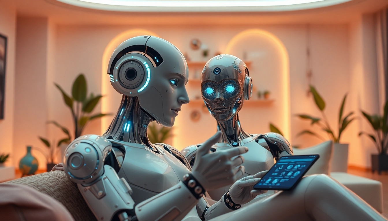 Humanoid sex bot interacting with a person in a modern, cozy space, showcasing advanced AI technology.