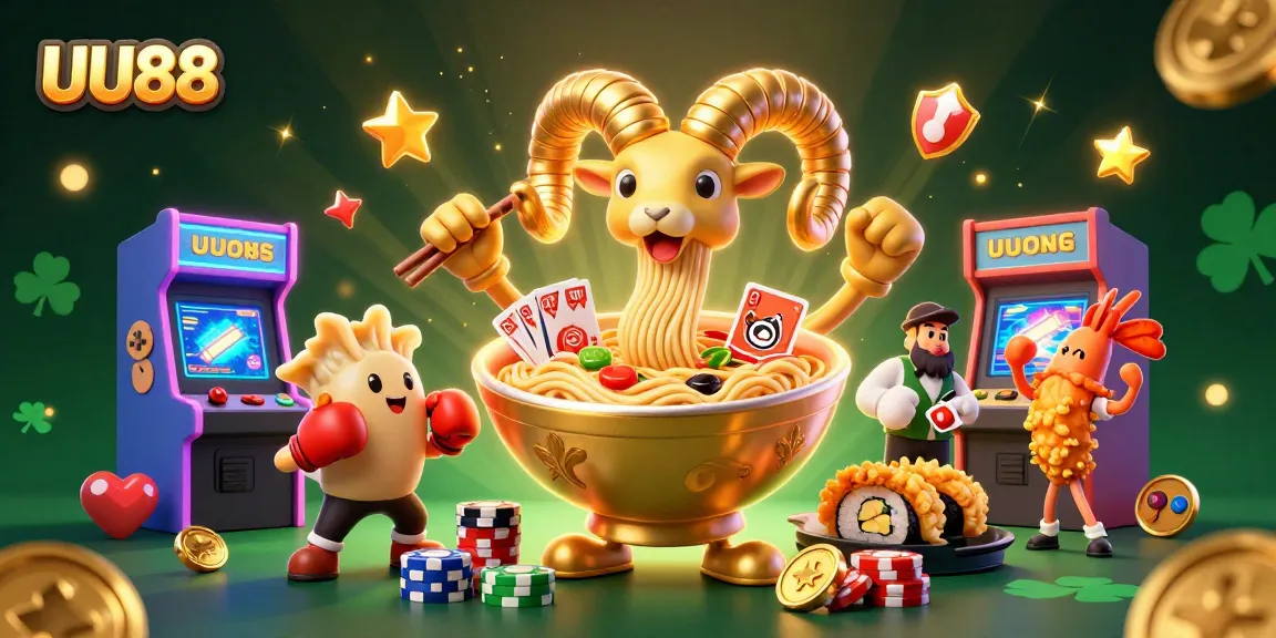 Engage with UU88, featuring vibrant characters, casino elements, and colorful game dynamics in a lively 3D illustration.