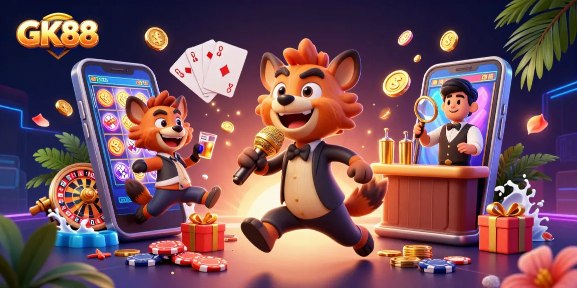 GK88 showcases a lively casino scene with hyenas engaging in comedy, bartending, and security.
