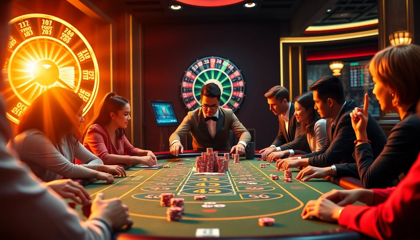 Players enjoying a strategic poker game at GK 88 casino table with vibrant chips and cards.