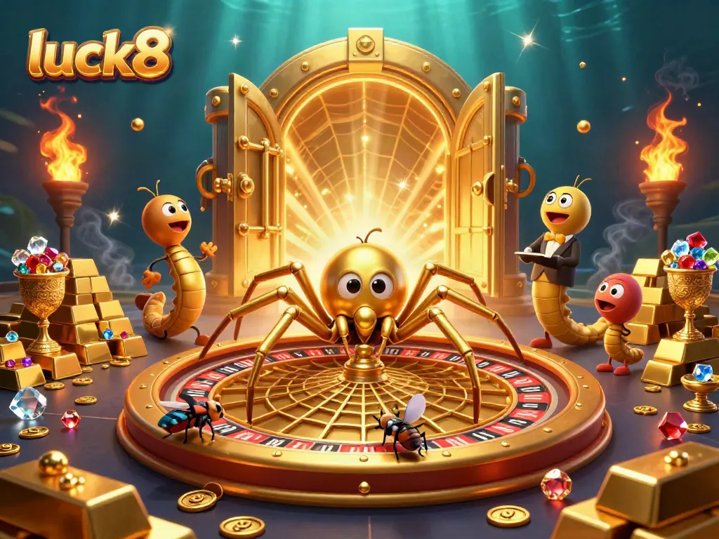 Experience the thrill of luck8 with our golden roulette wheel spun by a cartoon spider in a vibrant casino.