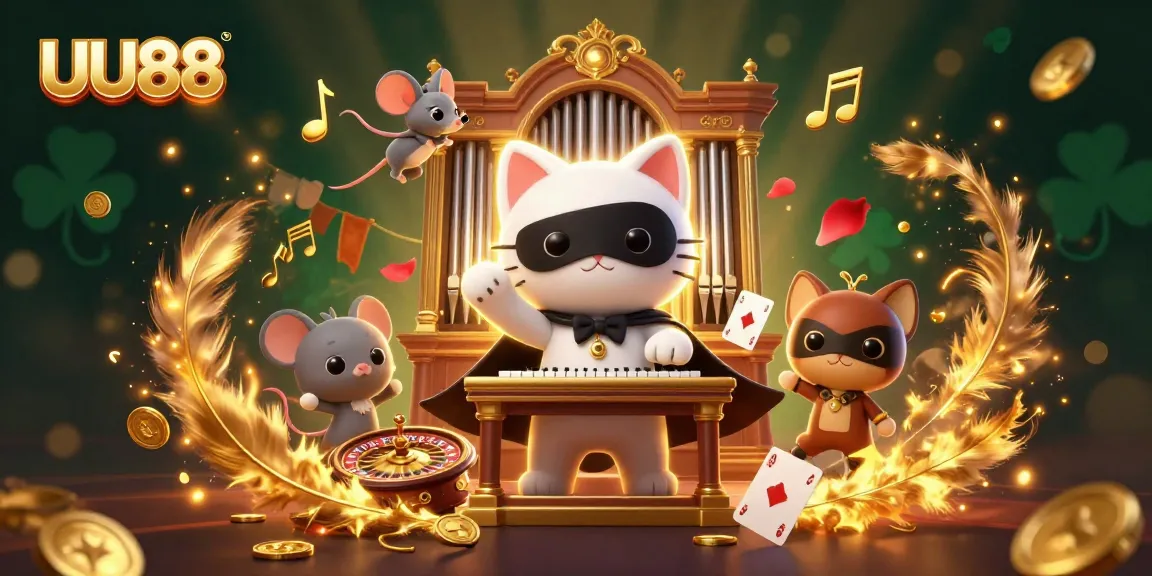 Engage with UU88's vibrant casino scene filled with a charming phantom cat and lively acrobats.