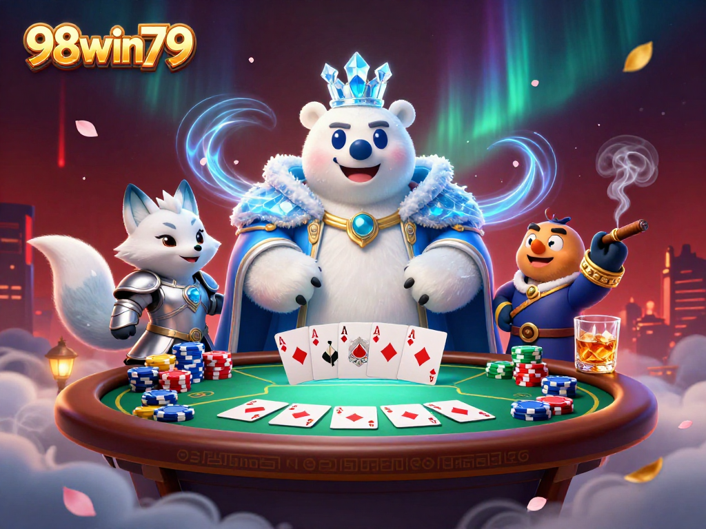 Experience thrilling poker excitement with 98win79 in this vibrant casino-themed illustration.