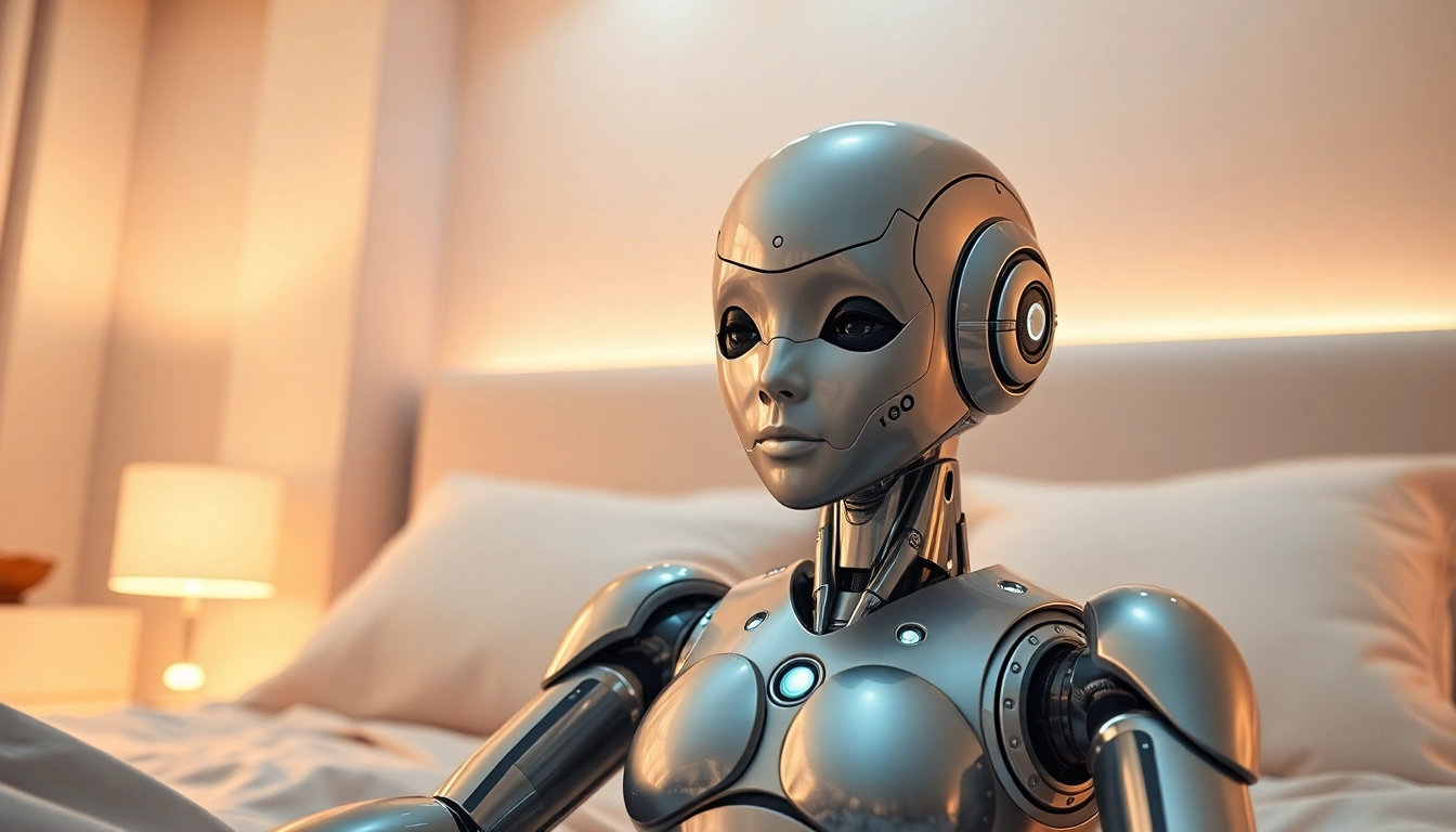Captivating humanoid sex bot in a modern bedroom, showcasing advanced AI features.