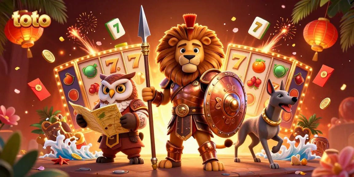 Engage in thrilling casino action with toto as characters interact with vibrant slot reels and festive decorations.