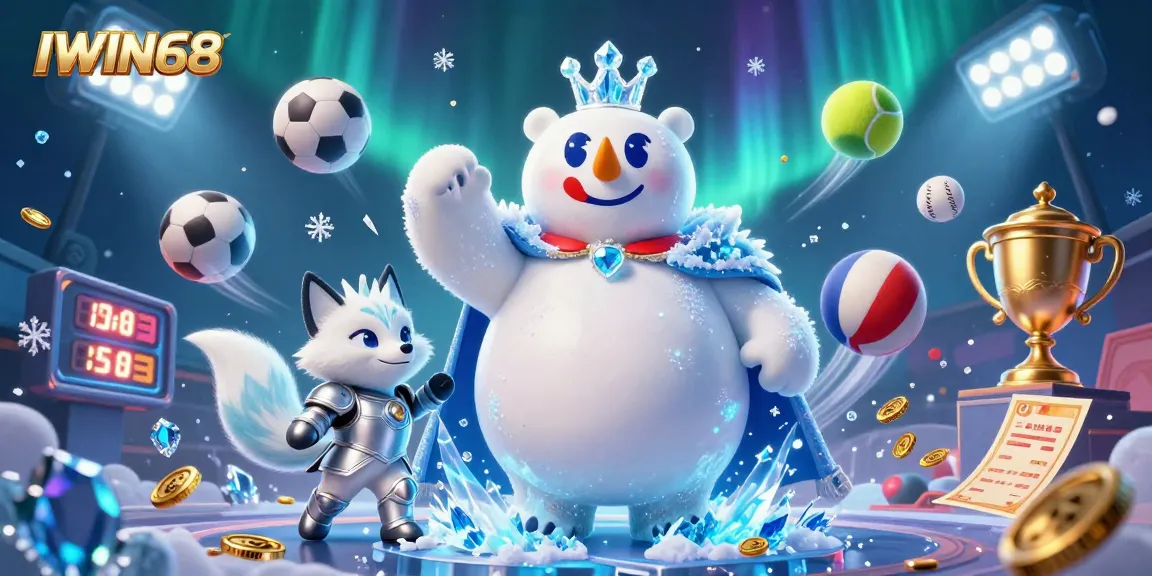 IWIN68 polar bear and fox embodying excitement in a dynamic sports betting scene.