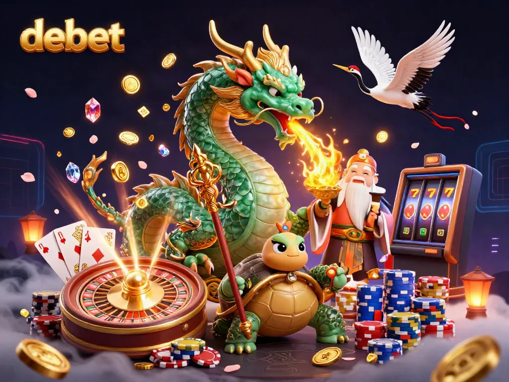 Experience the thrilling atmosphere of debet with jade dragon and lucky cranes in a vibrant casino scene.