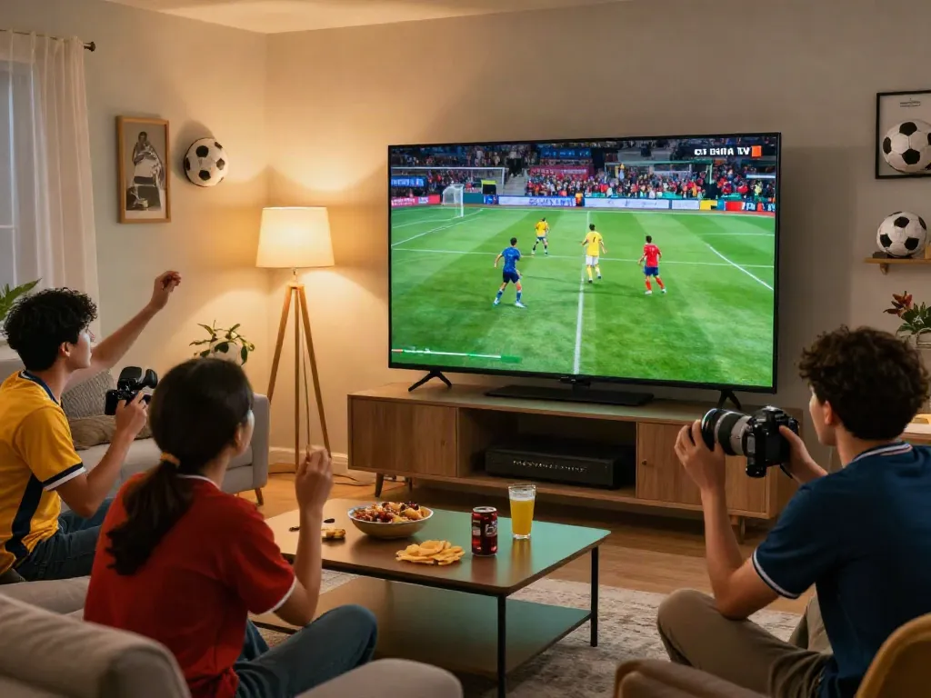 Friends enjoying a live football match on Cà Khịa TV in a cozy living room