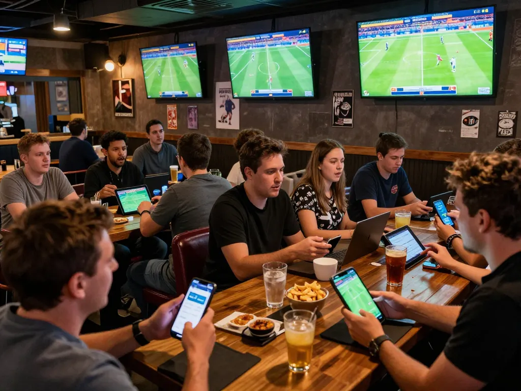 Engaged bettors using their smartphones for kèo bóng đá trực tuyến while watching live football matches.