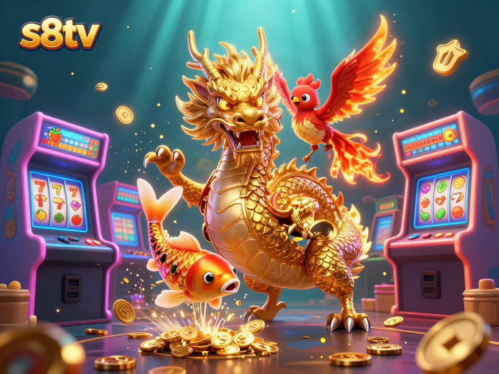 Engage in vibrant gaming with s8tv's animated scene featuring dragon, phoenix, and koi fish.