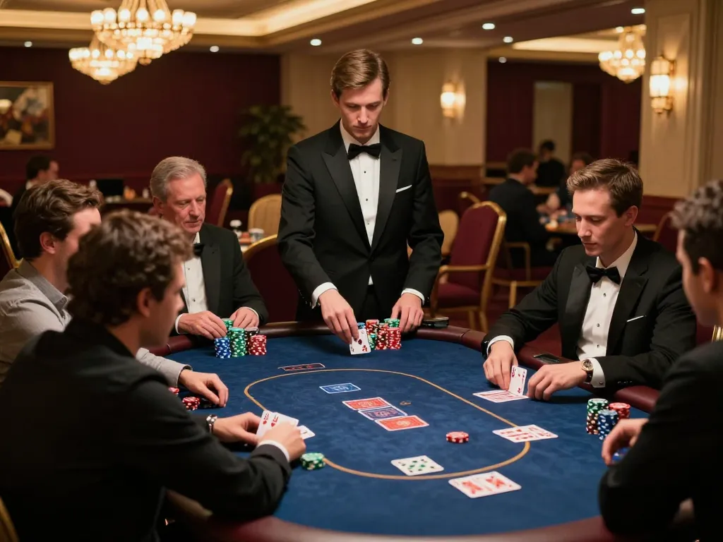 hubet players engaged in high-stakes poker game, showcasing excitement and skill in an upscale venue