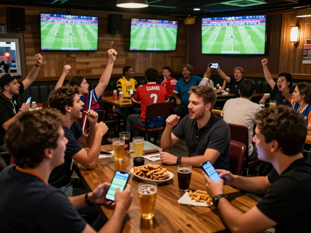 Socolive Truc Tiep Bong Da capturing lively sports bar scene with fans cheering and betting on live football.