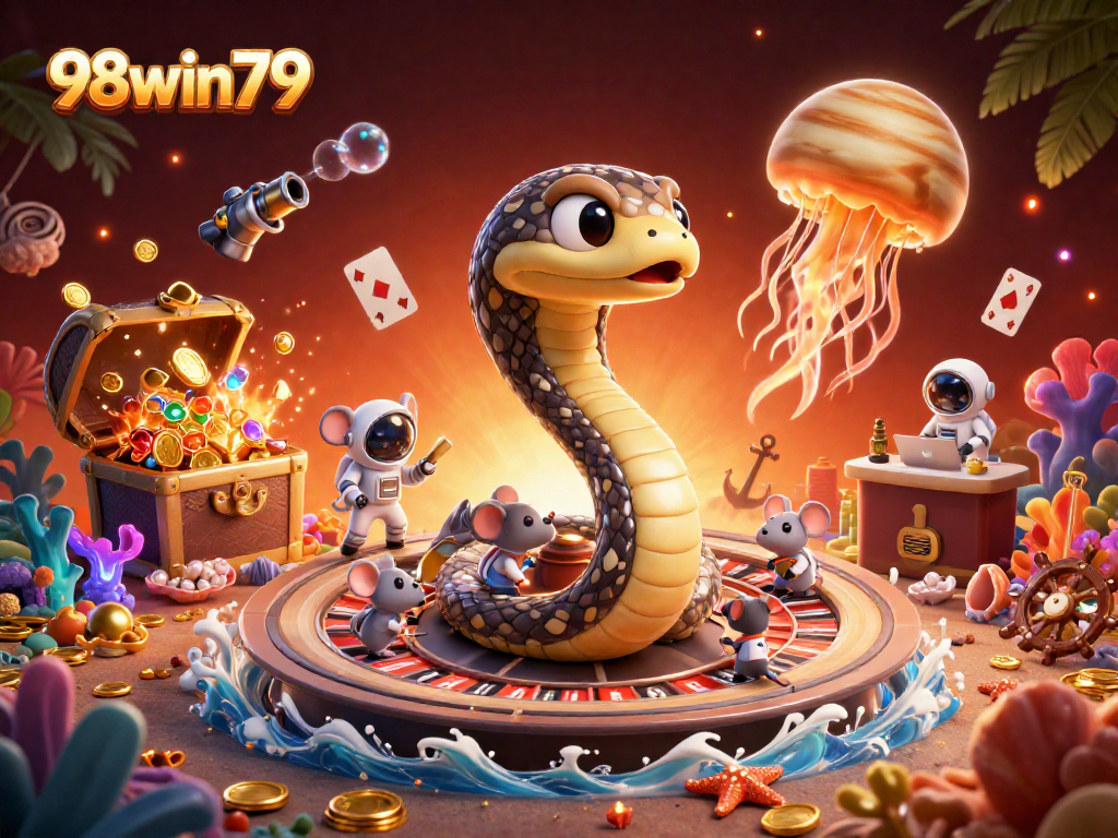 Engage with 98win79 in a vibrant 3D scene featuring betting mice and a cosmic dealer.