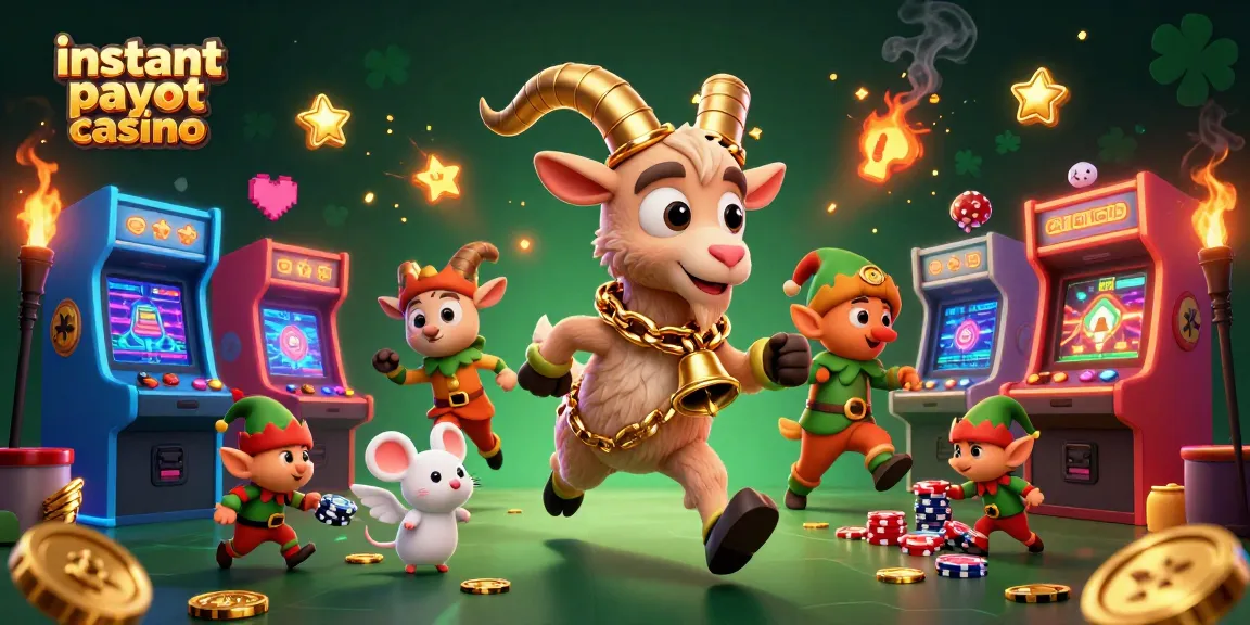 Engaging illustration of instant payout casino scene with Krampus goat, angel mouse, and mischievous gremlins.