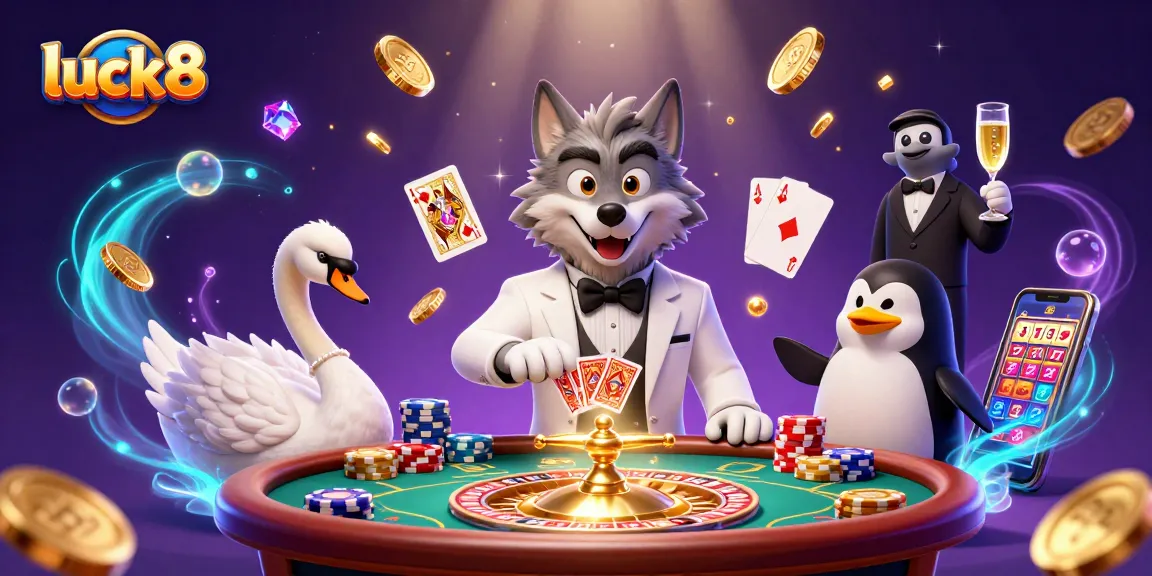 Experience luck8 magic with a debonair wolf, elegant swan, and penguin sommelier at the baccarat table.