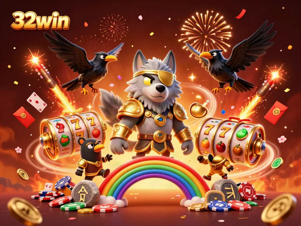 Experience the exciting world of 32win with dynamic scenes featuring slot reels, Odin, and mystical elements.