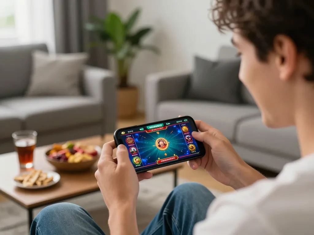 Kuwin app user excitedly placing bets on a smartphone in a cozy home setting