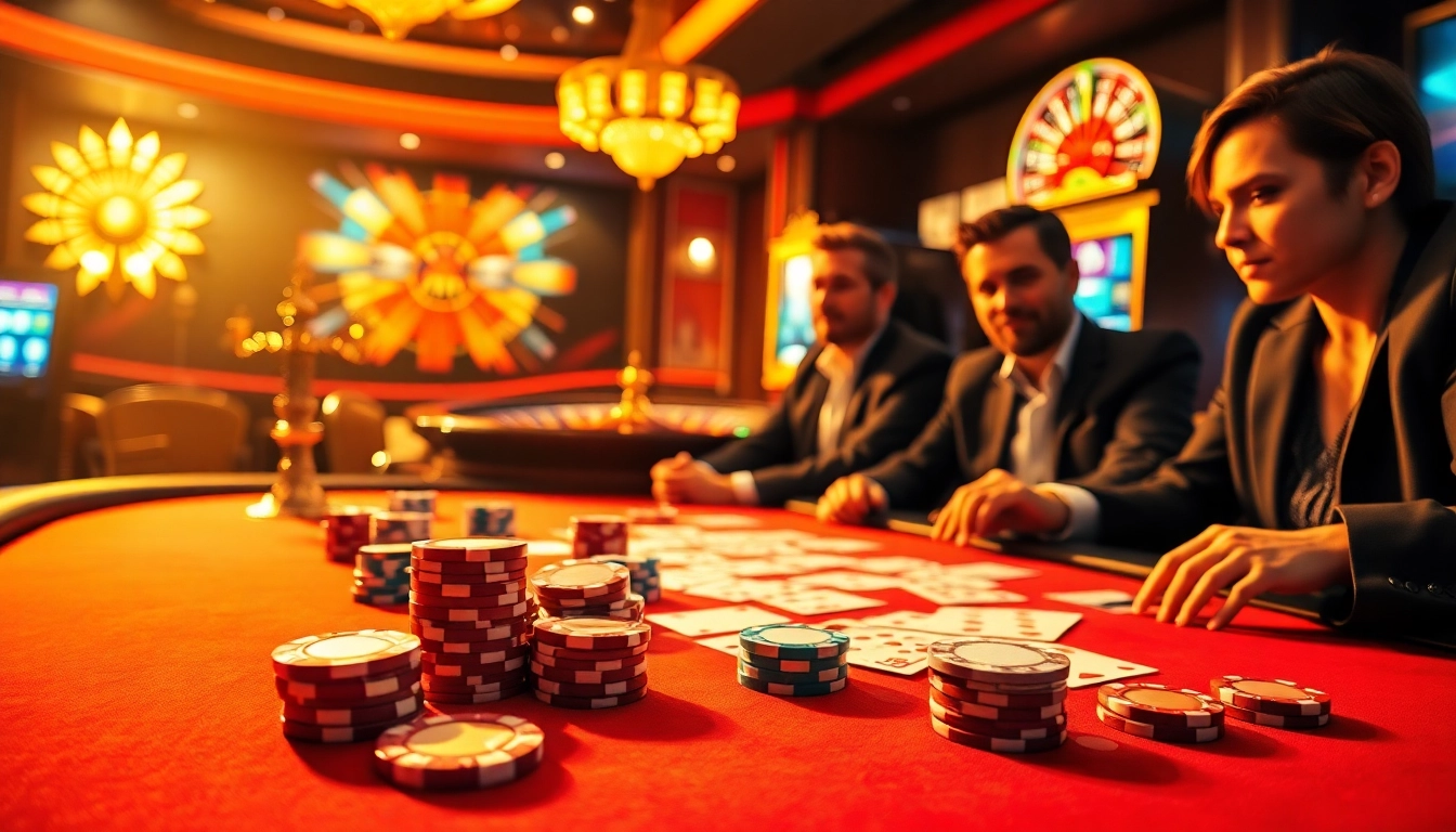 C 168 poker table scene with vibrant chips, cards, and roulette wheel, evoking excitement.