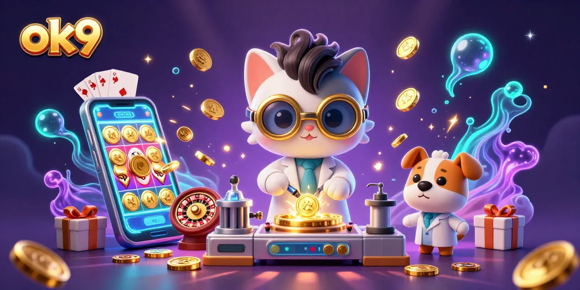 Engage with ok9's thrilling gaming experience featuring a mad scientist cat and lab assistant in a colorful casino world.