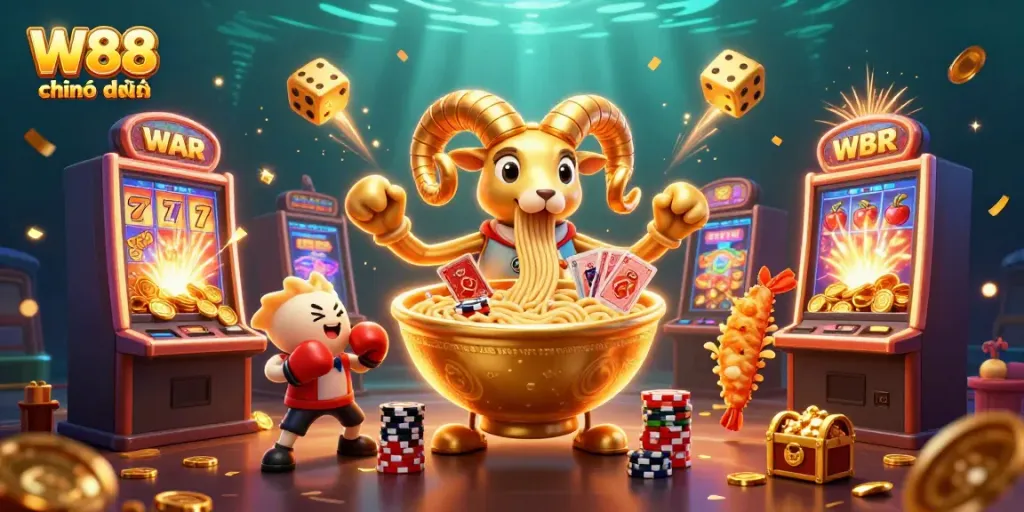 The W88 chính thức giant ramen bowl character engages in a lively casino scene, surrounded by vibrant slot machines and colorful game elements.